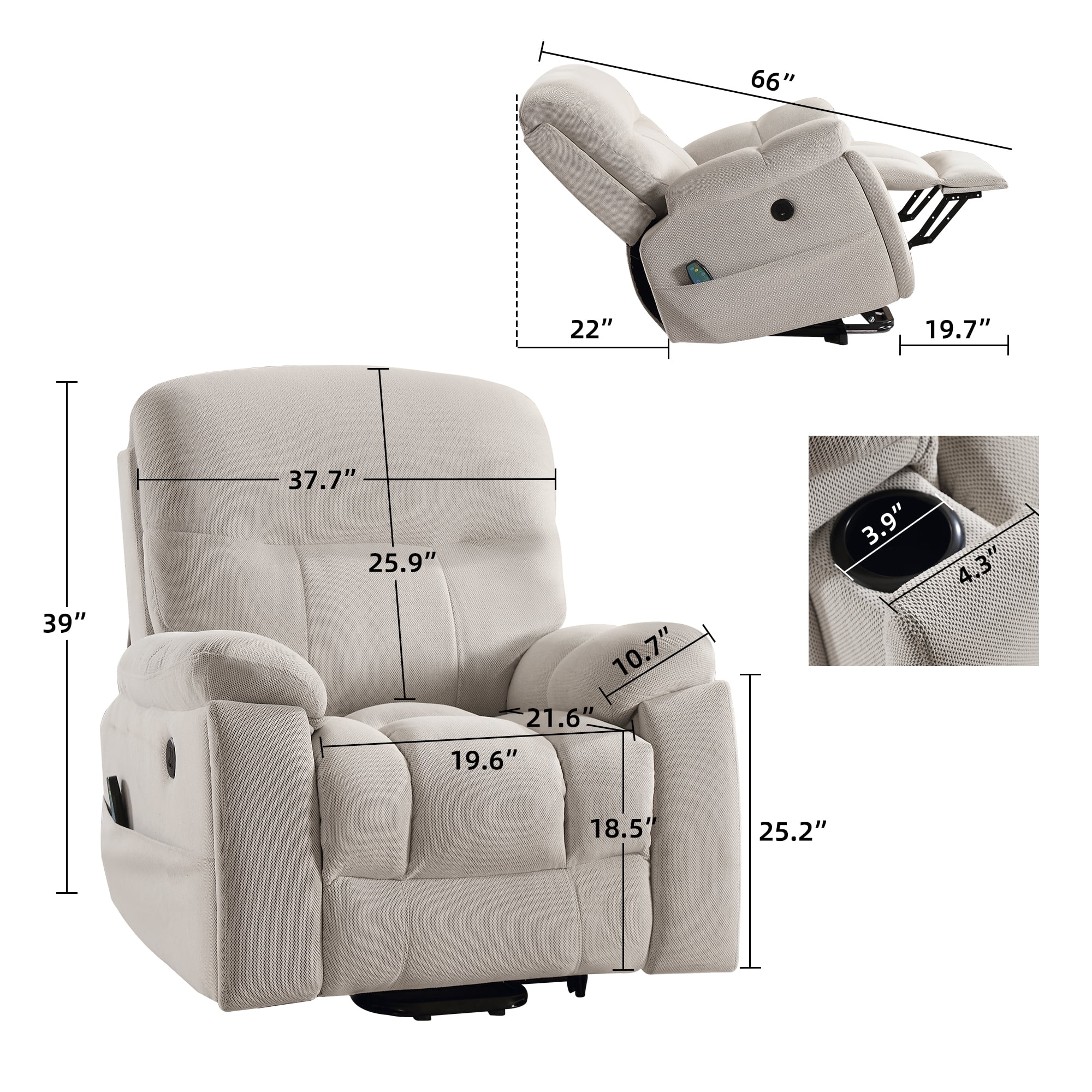 Kbest Large Power Lift Recliner Chair with Massage and Heat for Elderly, Overstuffed Wide Recliners, Heavy Duty Reclining with USB Ports