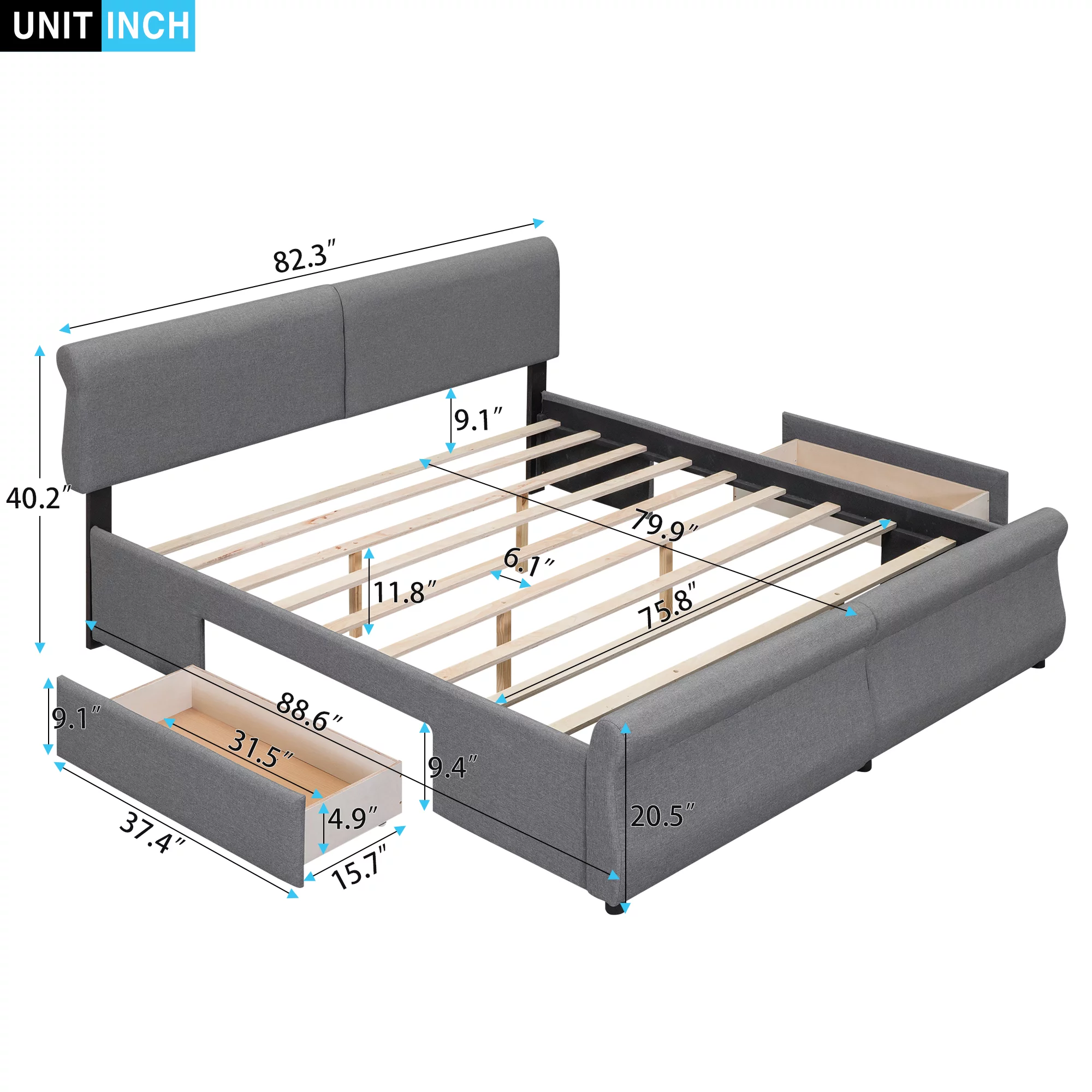 mountright King Size Linen Upholstered Platform Bed with Headboard and 2 Drawers, Platform Bed Frame with Wood Slat Support, No Box Spring Required