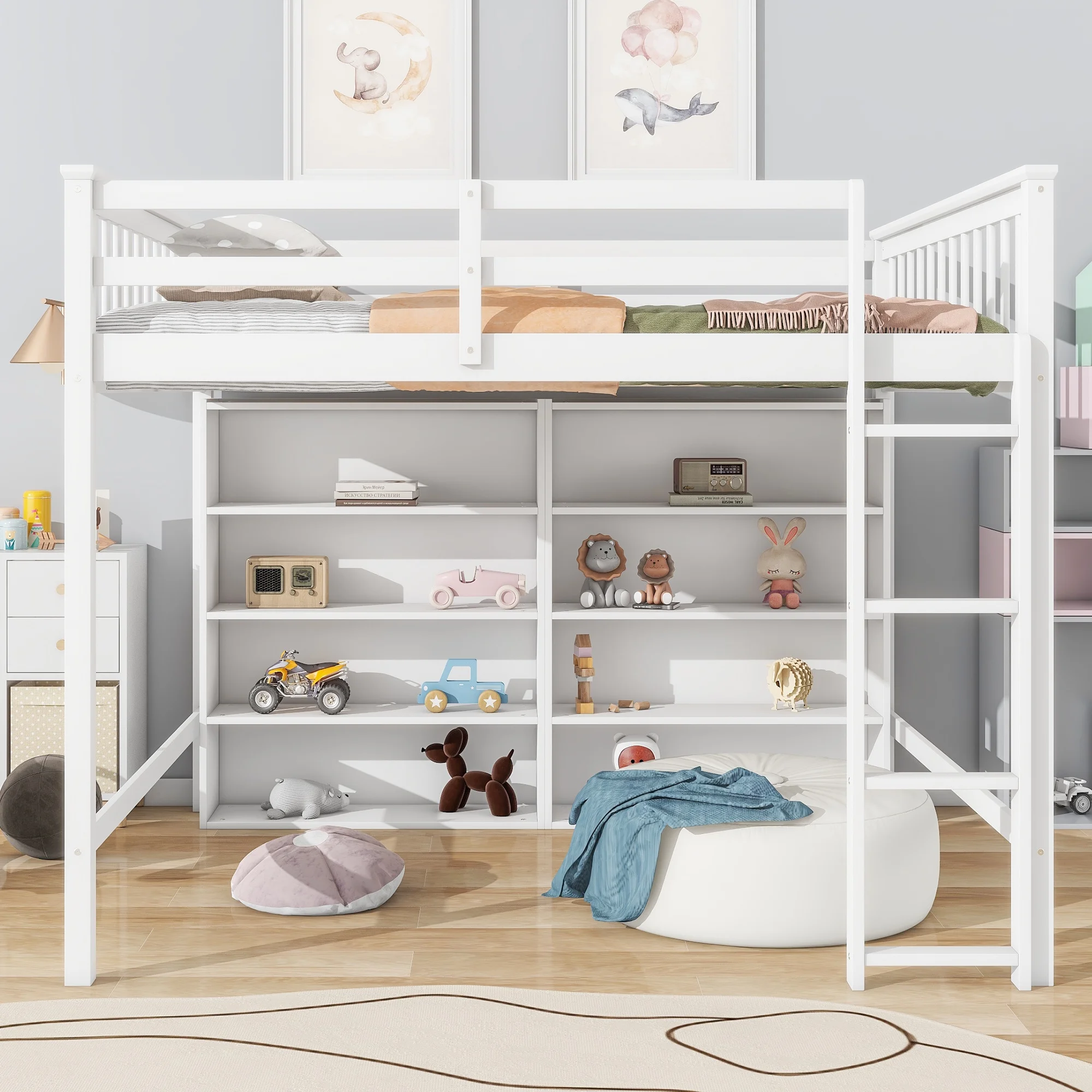 Churanty Wood Full Size Loft Bed with 8 Open Storage Shelves, Full Loft Bed Frame with Built-in Bookcase for Dorm Kids Teens, White