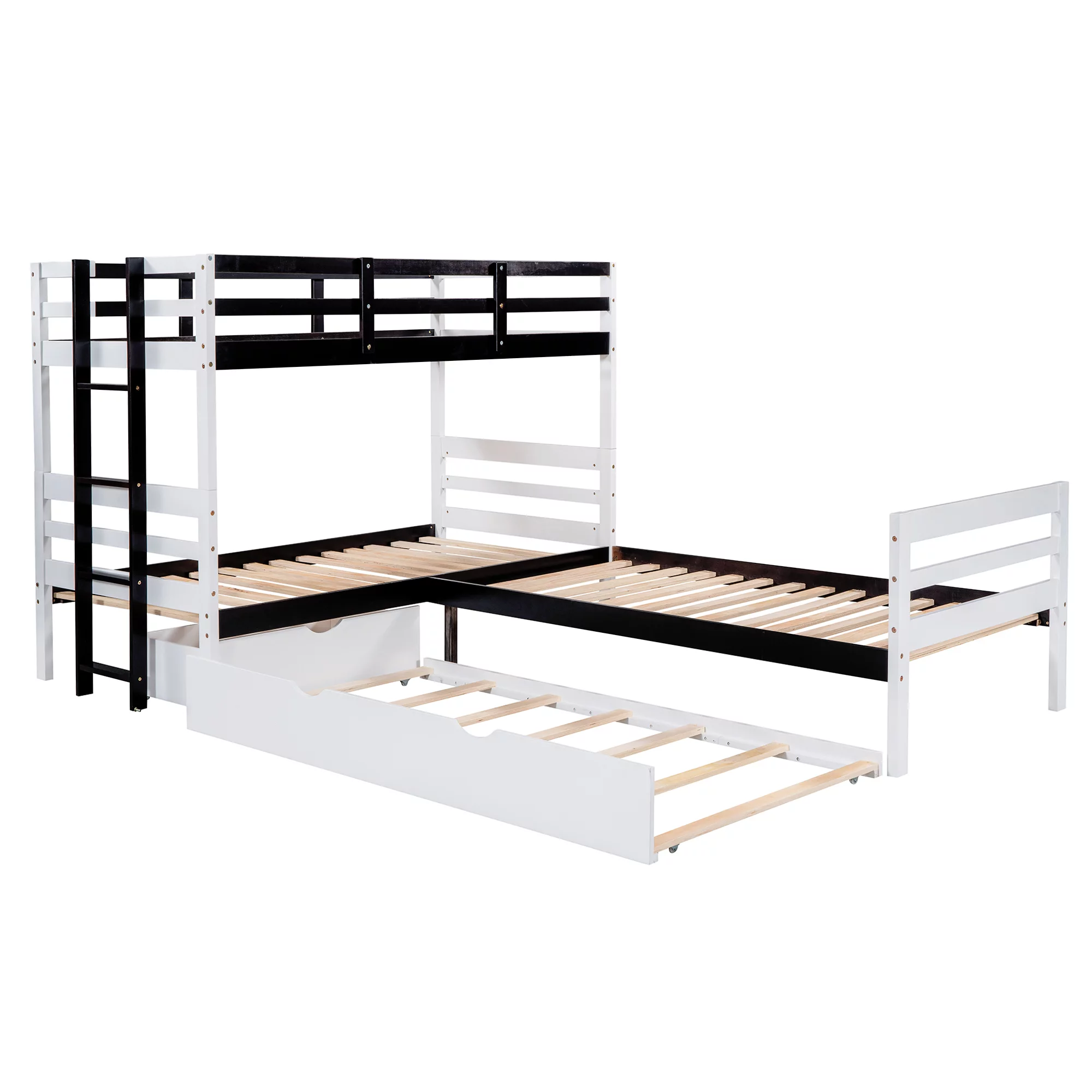 L-Shaped Twin Bunk Bed and Platform Bed with Trundle and Drawer, White - Curated Treasures Market