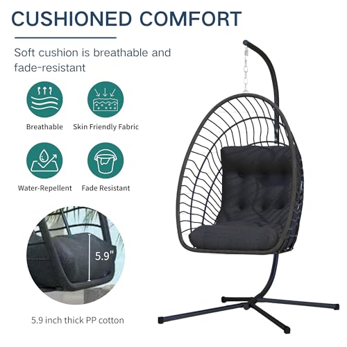 Hanging Egg Chair with Stand Indoor Outdoor, Foldable Rattan Wicker Hammock Egg Swing Chair for Bedroom Porch Patio Garden, Thickened Cushion