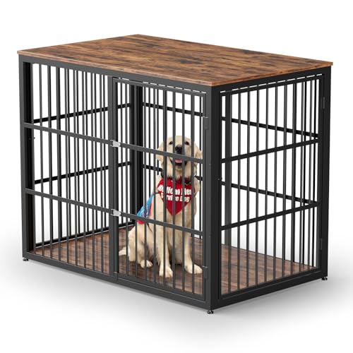 43'' Dog Crate Furniture with 3 Doors, XL Wooden Crate End Table Heavy Duty Indoor Puppy Cage for Medium to Large Dogs, Multiple Units Can be Combined