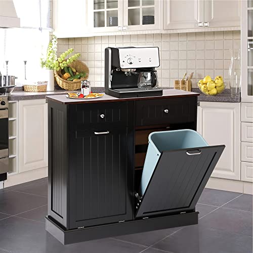 Tilt Out Trash Can Cabinet with Double Hidden Trash Can Holder, Kitchen Free Standing Recycling Cabinet,Dog Proof Trash Can,Wood (Teal)