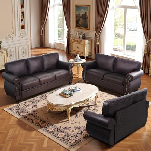 Mid-Century Vintage Sofa Couches with Rivet Design,3-Seater Sofa,Removable Sofa Cover Upholstered Cushions and Solid Wood Frame (Brown, 3-Seater)