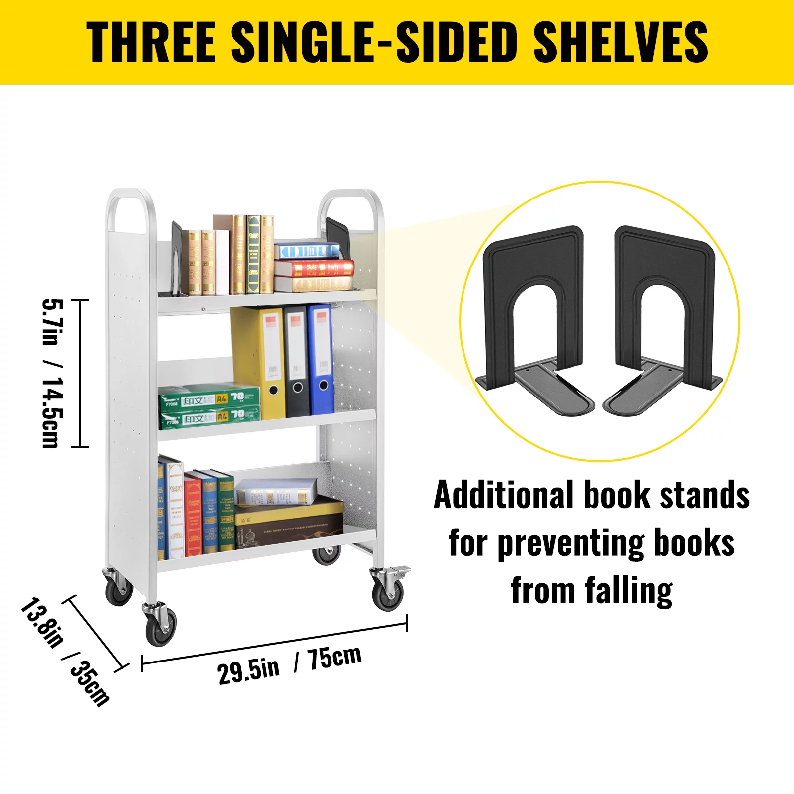 VEVOR Book Cart Single Sided V-Shaped , Rolling Book Cart with 4 inch Lockable Wheels, for Home Shelves Office and School Book Truck in White