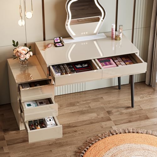 Tribesigns Gloss Desk with 5 Drawers, Modern Home Office Desk with Storage Drawers and Printer Stand