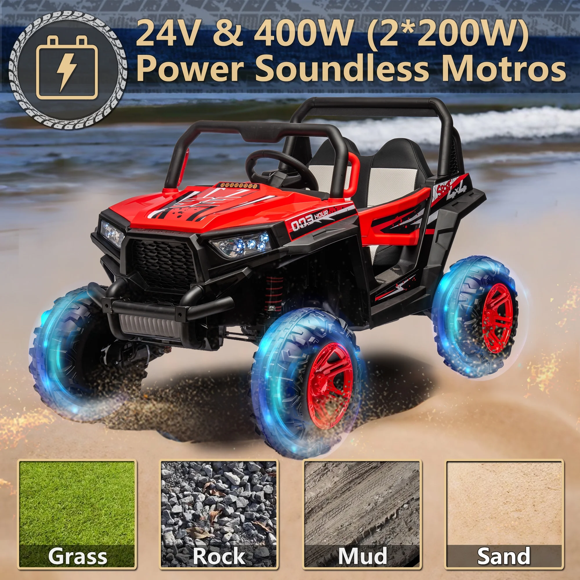 24V 2 Seater Ride on Car for Kids, 4 Wheel Drive Truck with Leather Seat and Remote Control, 24V Battery Powered Off-Road UTV Toy with LED Lights