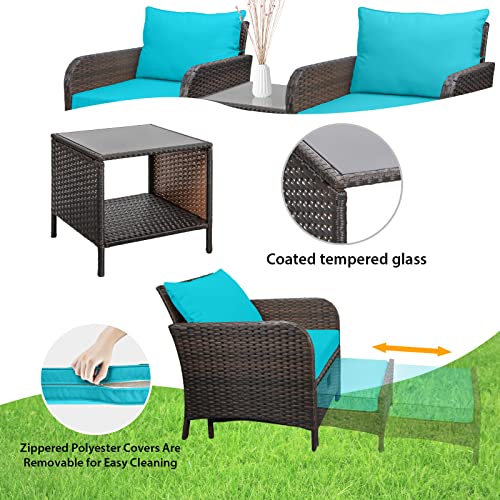LEVELEVE Balcony Furniture 5 Piece Patio Conversation Set, PE Wicker Rattan Outdoor Lounge Chairs with Soft Cushions 2 Ottoman&Glass Table for Porch
