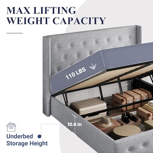 Allewie Full Size Lift Up Storage Bed, Modern Wingback Headboard, Hydraulic Support, No Box Spring Needed, Light Beige