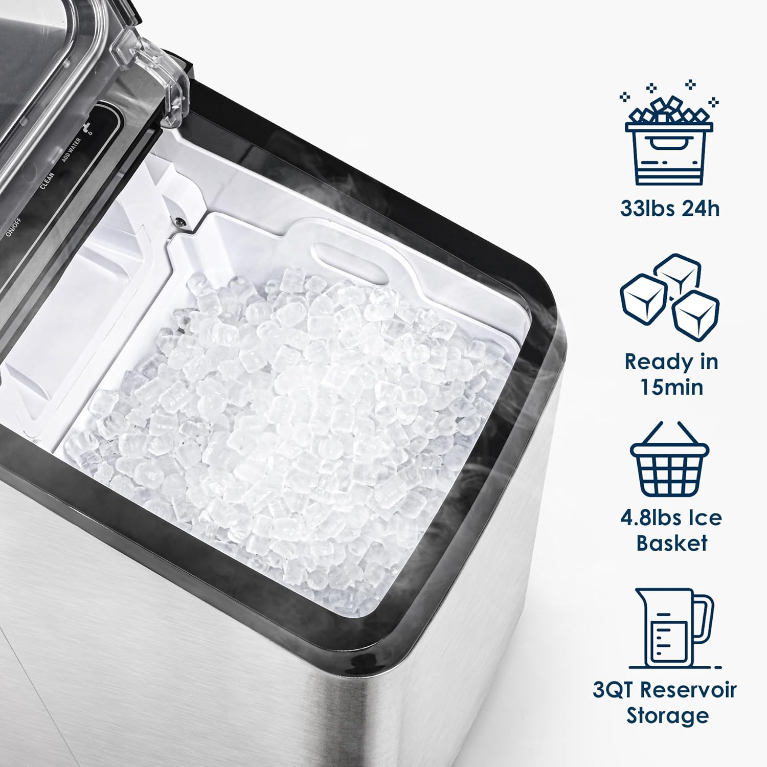 EUHOMY Nugget Ice Maker Countertop, Max 33lbs/day, 2 Way Water Refill, Self-Cleaning Pebble Ice Maker Machine with 3Qt Reservoir