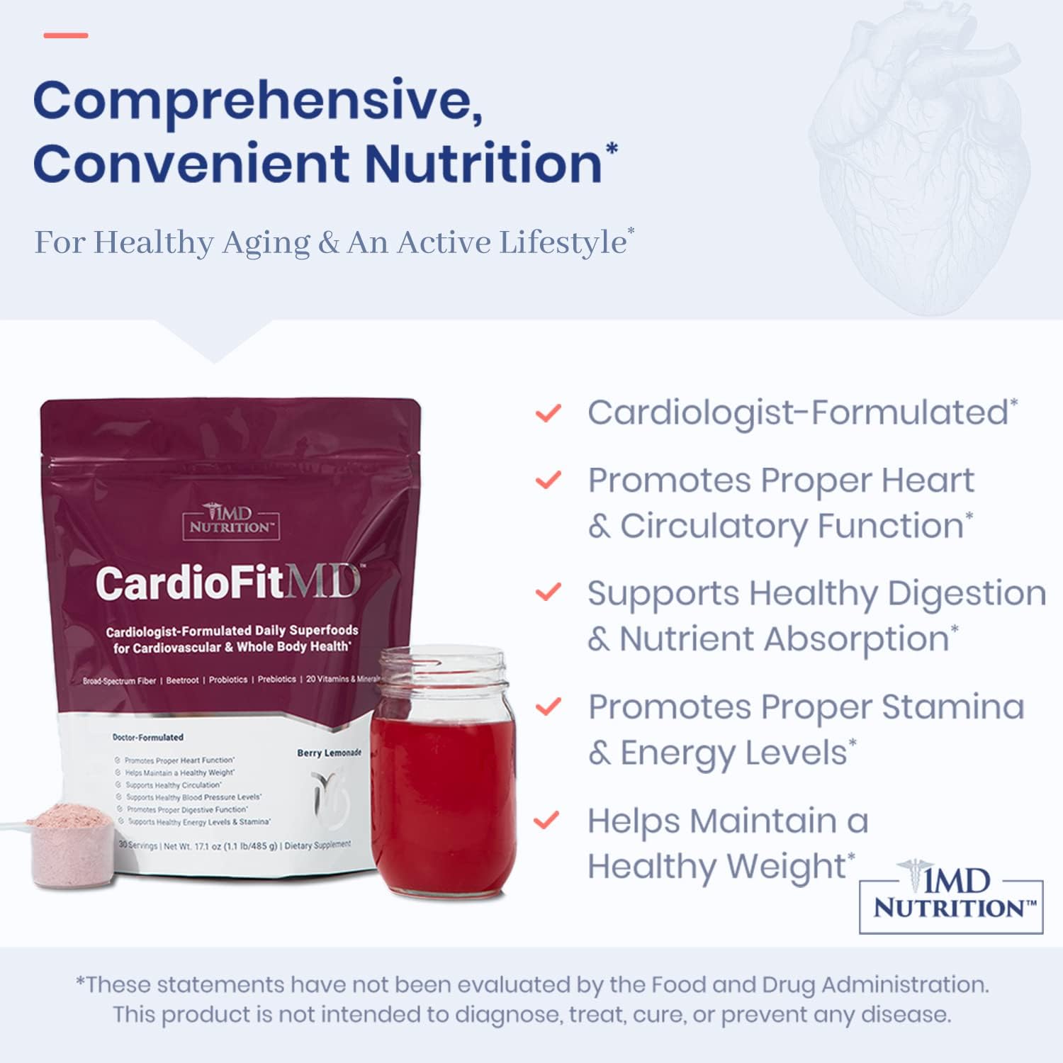 1MD Nutrition CardioFitMD - Vegan Beets Superfood Keto-Friendly Heart Health Powder - High Fiber Nutritional Supplement Drink - 30 Servings Pack of 2