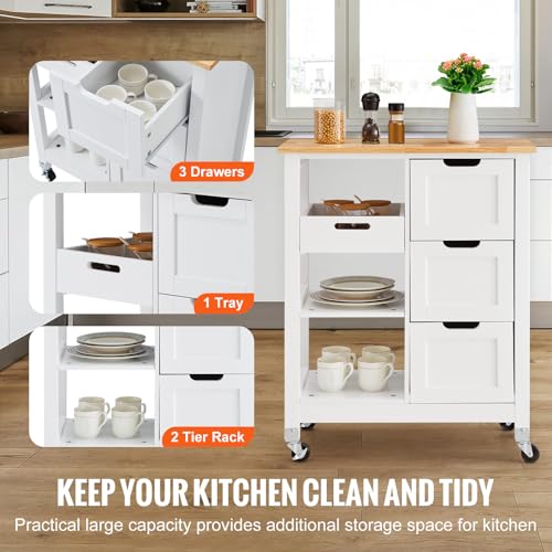 VEVOR Kitchen Island Cart, 26 inch Wood Top Mobile Breakfast Bar, Rolling Kitchen Table with 3 Drawers and Shelves, Portable Islands on Wheels