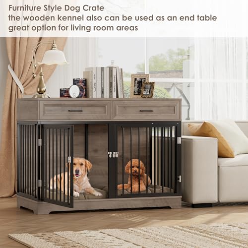 Dog Crate Furniture 47" Wooden Dog Kennels for Dogs Indoor with a Removable Divider for Large/Medium/Small Dogs