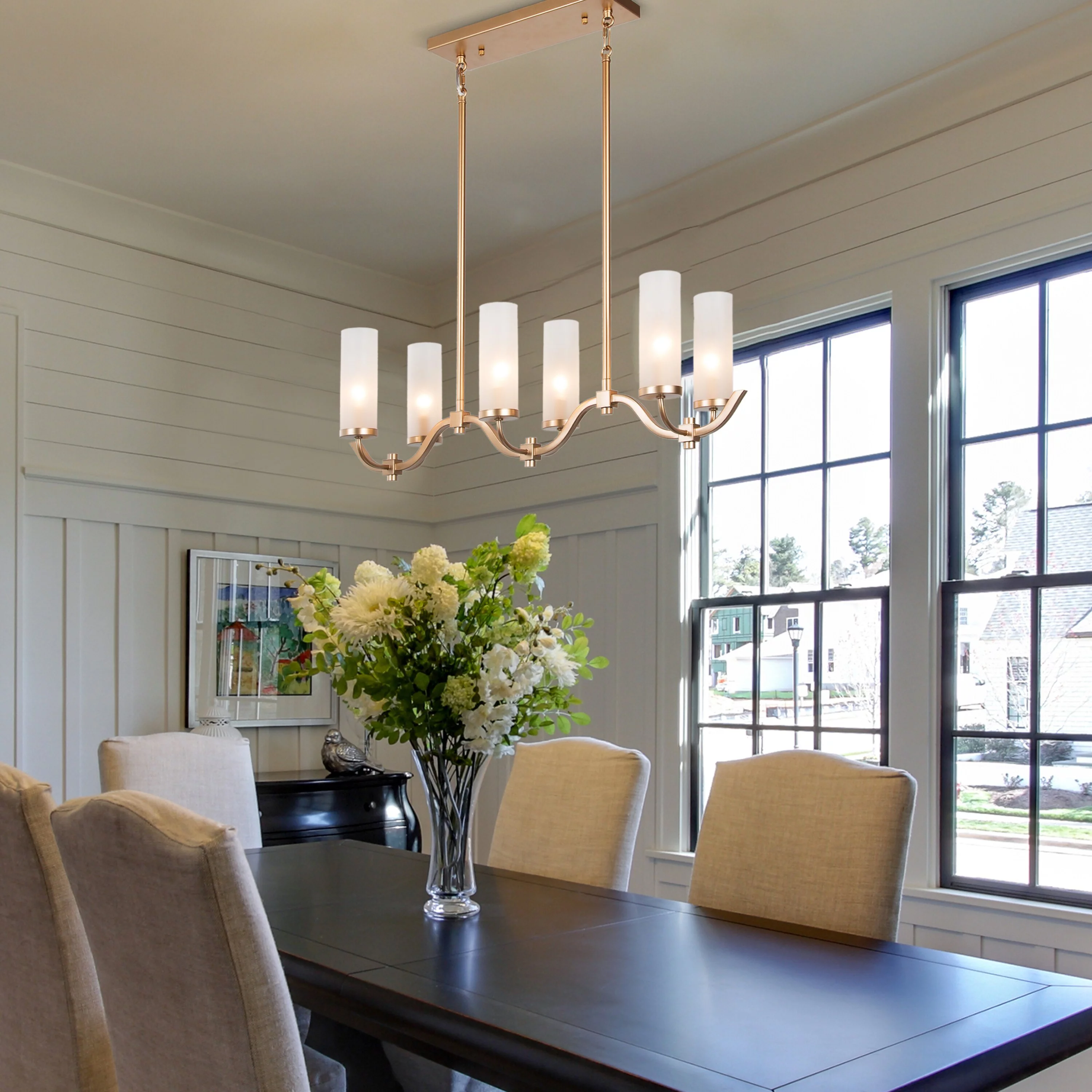 Kayna Mid-Century Modern 6-Light 30" Gold Frosted Glass Linear Chandelier for Dining Room Gold L 30" x W 9" x H 17"