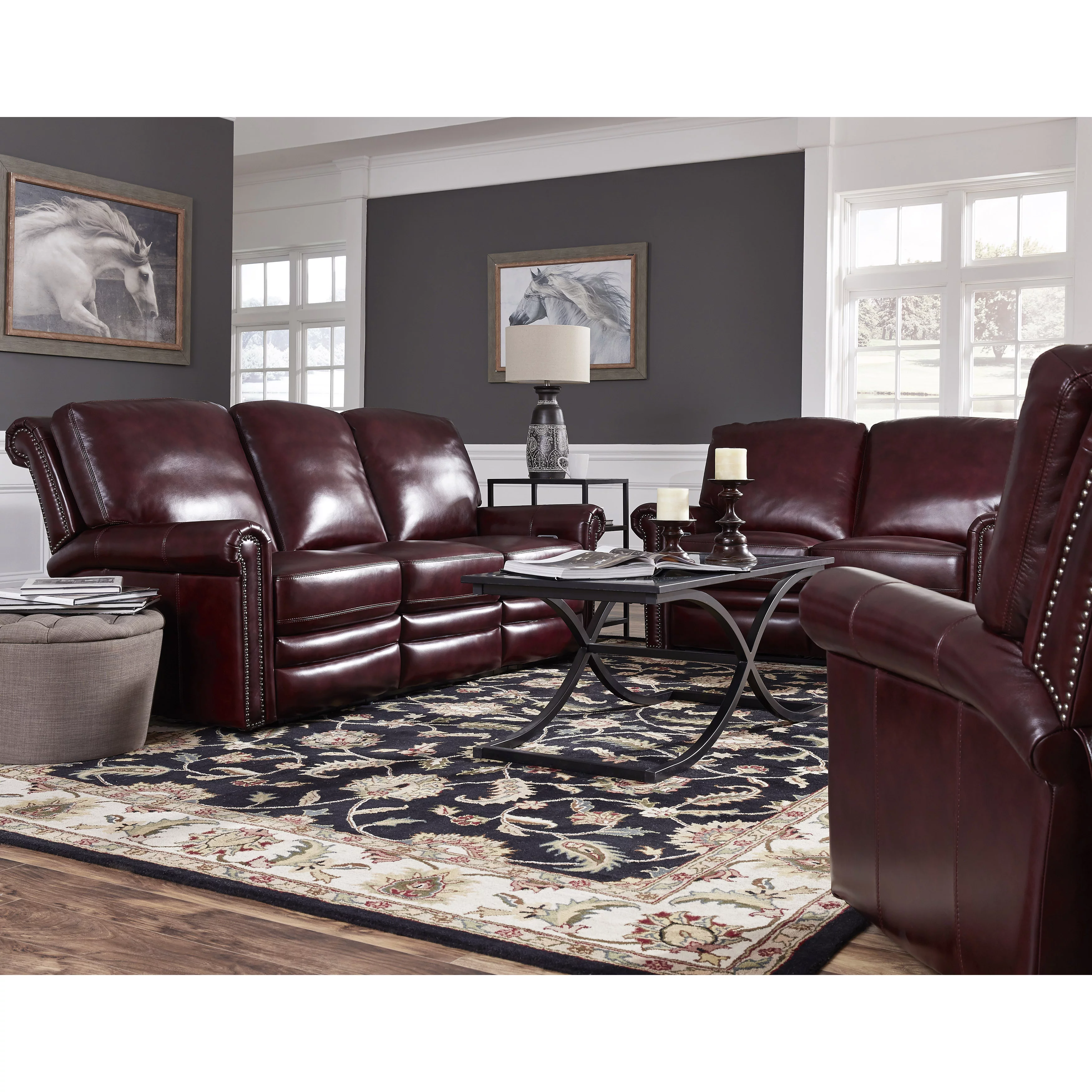 Home Meridian Grant Leather Power Reclining Sofa in Deep Merlot Red
