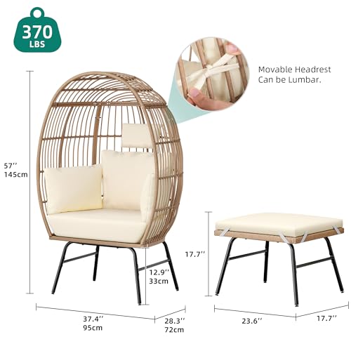 DWVO Rattan Egg Chair with Ottoman, Indoor Outdoor Egg Shape Wicker Chair for Patio, Backyard, Living Room, Basket Chair w/Footrest, 5 Cushions
