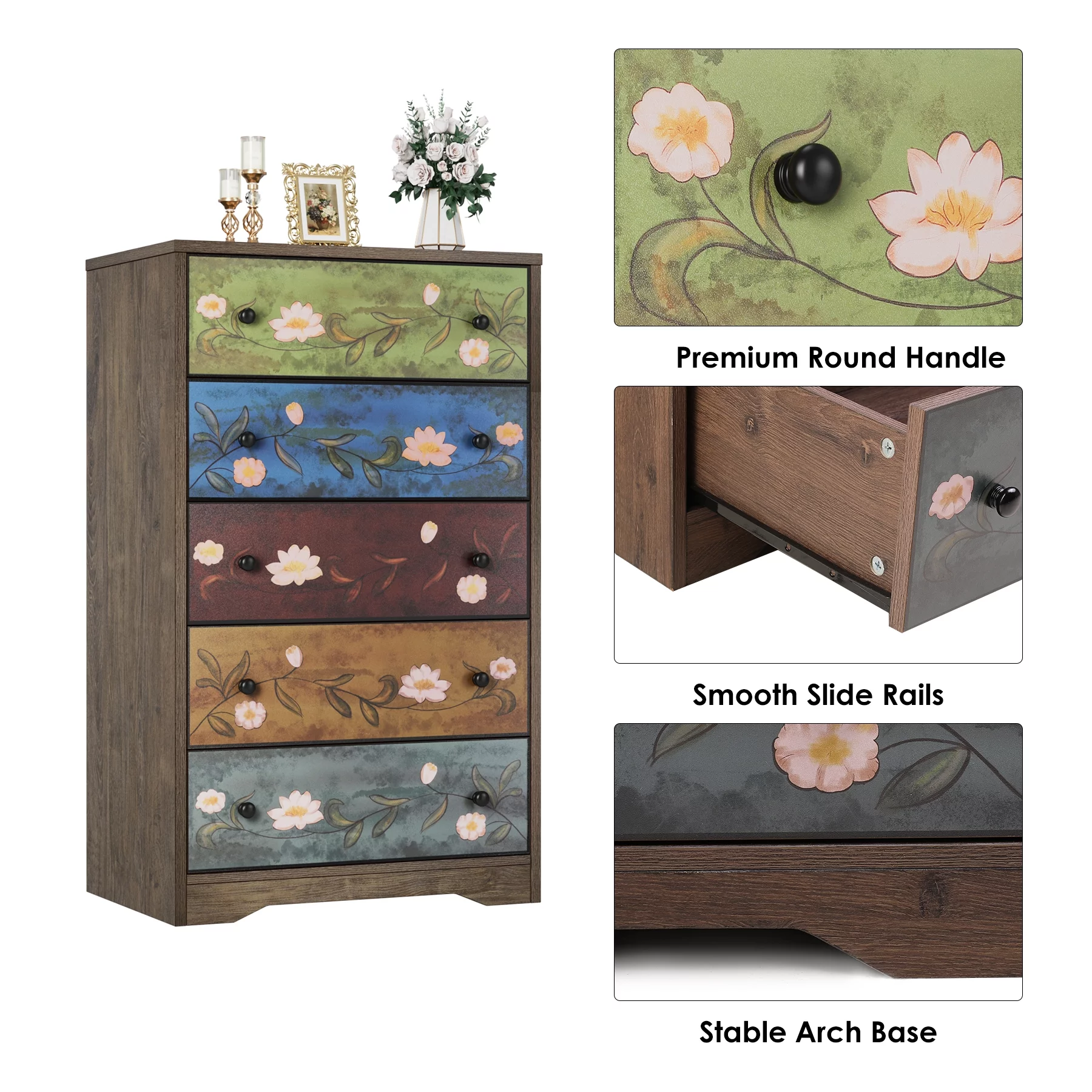 Homfa 5 Drawer Dresser for Bedroom, Boho Accent Dresser Chest of Drawers for Entryway Living Room