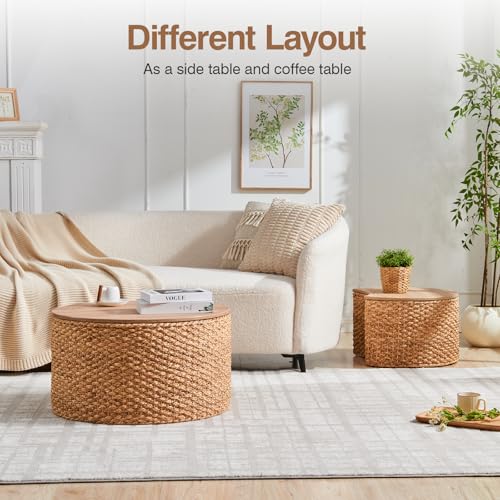 Round Nesting Coffee Table Set of 2 with Storage - Handwoven Wicker Rattan Ottoman Style, Boho Coastal Coffee Tables for Living Room