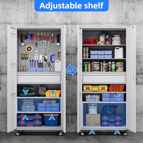Garage Storage Cabinet with Wheels & Pegboard, 72" H Locking Metal Storage Cabinet with Doors and 4 Adjustable Shelves for Garage Workshop Home
