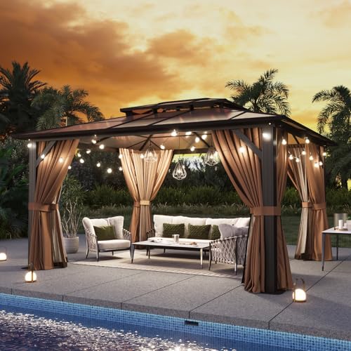 Aoxun 12'x10' Hardtop Gazebo, Aluminum Frame Permanent Pavilion with Curtains and Netting, Outdoor Polycarbonate Double Roof Canopy