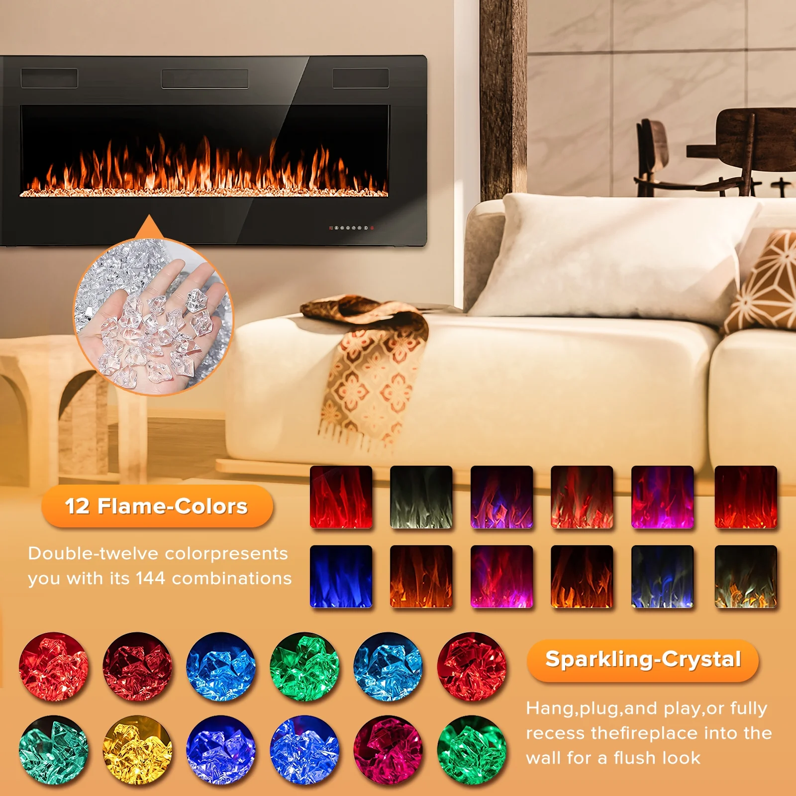 Auseo 42 inch Embedded Wall Mounted Indoor Electric Fireplace, Ultra-thin Low Noise Lightweight LED Fireplace Heater, Touch Screen, Timer, 1500W