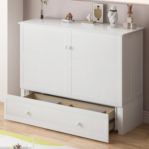 PUREMIND Murphy Bed Cabinet with Mattress Included, Queen Murphy Chest Beds with 2 Storage Drawers, Hideaway Cabinet Bed with USB Charging Station