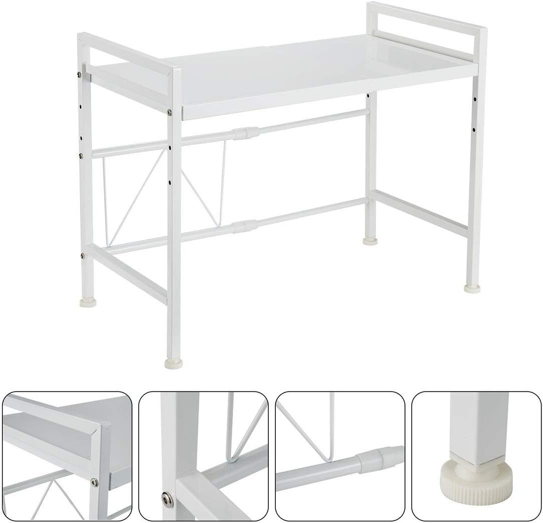i BKGOO Expandable White Microwave Oven Rack Shelf Kitchen Supplies Tableware Storage Carbon Stainless Steel Counter Rice Cooker Stand Contains 2