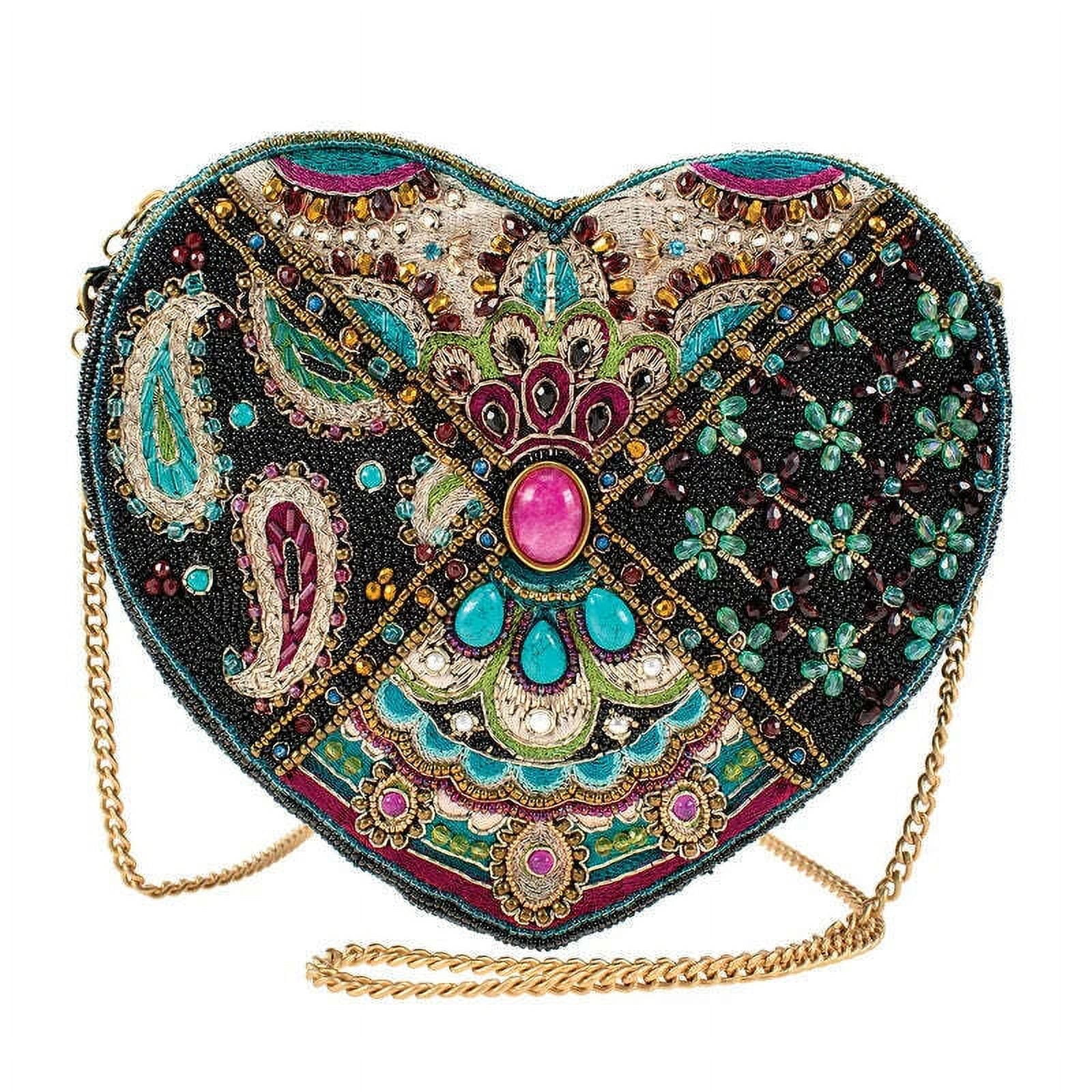 Mary Frances Crazy in Love Crossbody Handbag Heart Embroidered Black Bag New