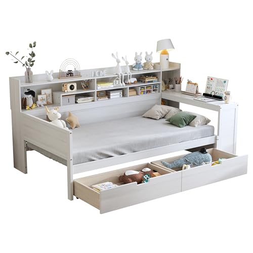 Corner Twin Bed Frame with Bookcase Storage and Desk, Wood Day Beds with 2 Drawers, Twin Size Daybed with Storage for Living Room
