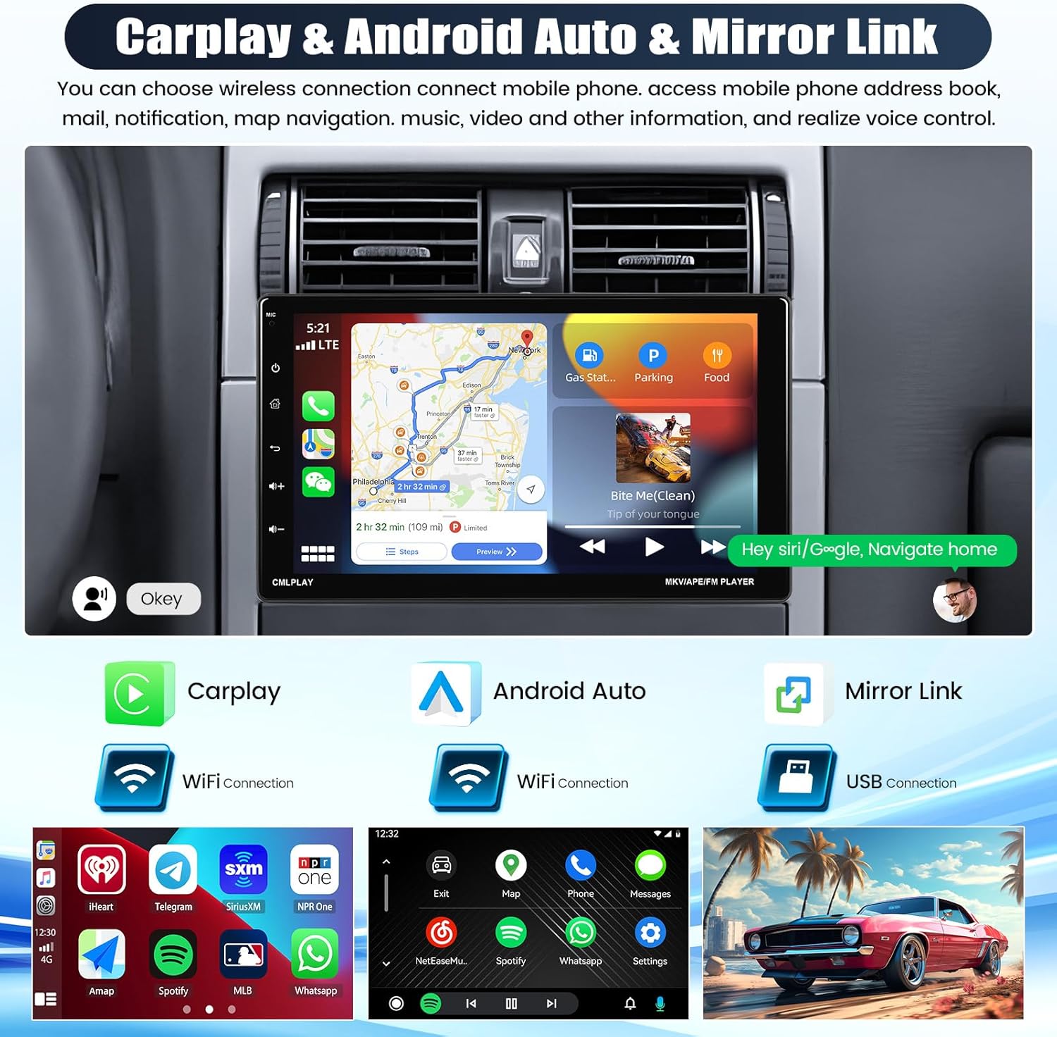 Single Din Car Stereo with Wireless Apple Carplay&Android Auto