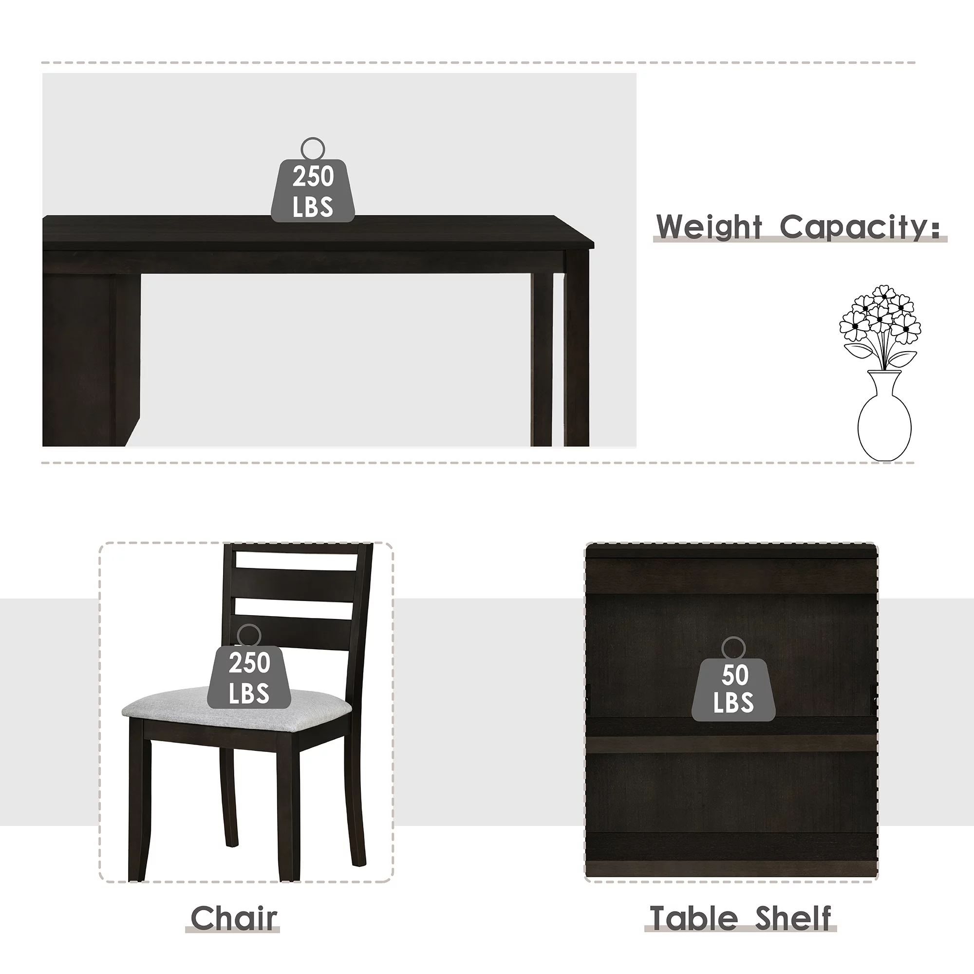 Churanty Farmhouse Wood 5 Pieces Dining Table Set with Storage Shelves,Kitchen Set for 4 with Padded Dining Chairs, Espresso