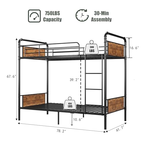 IDEALHOUSE Metal Bunk Bed Twin Over Twin, Twin Bunk Beds, Heavy Duty Twin Size Metal Bunk Bed with High Guardrail & Ladders