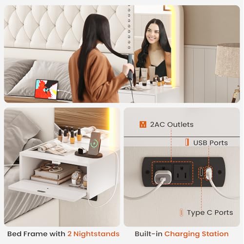 Itaar Queen Bed Frame with 53" Tall Headboard and 4 Storage Drawers, PU Leather Upholstered Platform Bed Frame, Built in Charging Station & Led