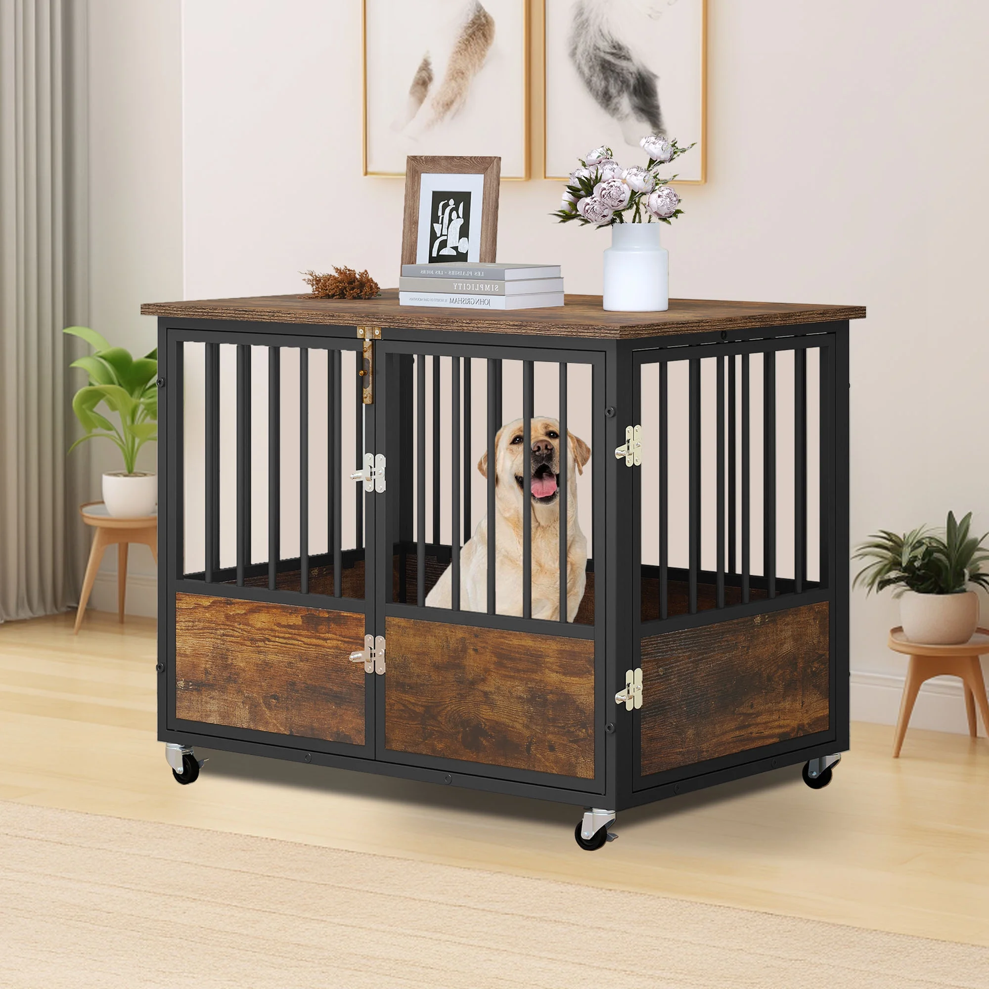 Dextrus Large Dog Crate Furniture with Wheels, 38in Rustic Heavy Duty Metal Dog Crate and Kennel for Small Medium Dogs