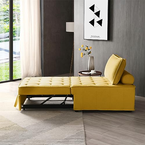 Senviy Convertible Sofa Bed with Pillow and Button Tufted, Pull-Out Sleeper Single Sofabed Leisure Sofa Chair Linen Fabric for Office, Living Room