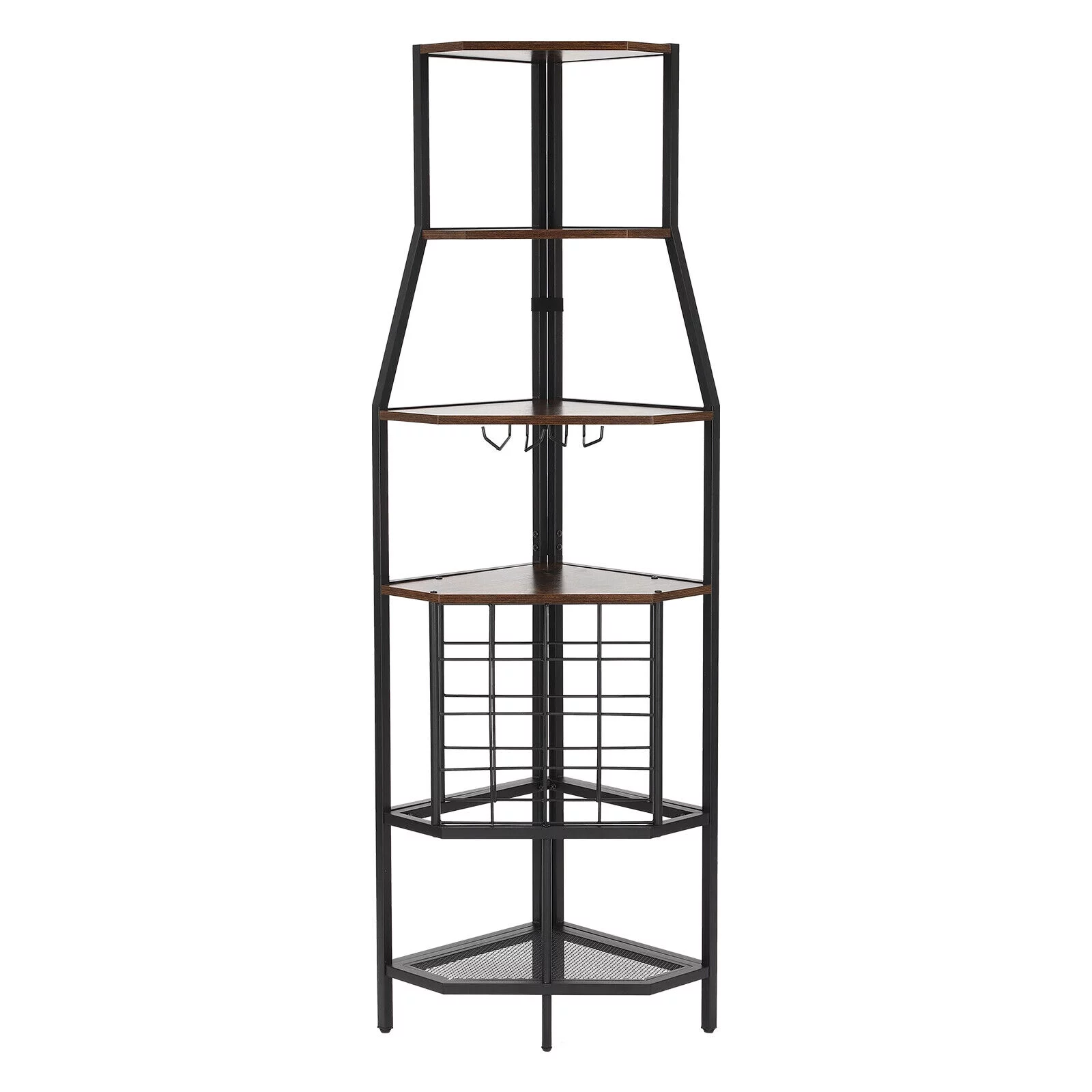 5-Tier Corner Wine Rack W/Glass Holder+Storage Shelf Industrial Corner Bar Shelf Triangle Corner Shelf (Brown/Gray) - Curated Treasures Market