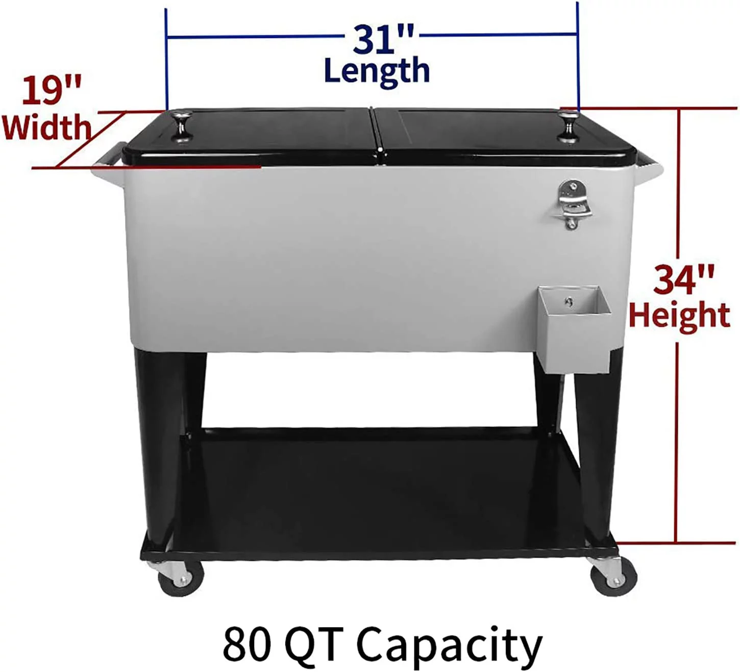 FreeLung 80QT Rolling Cooler Cart with Wheels Ice Chest Outdoor Backyard Coolers on Wheels Silver - Radiant Selections