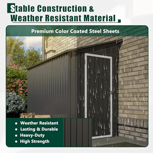 4×8 FT Outdoor Metal Storage Shed,Heavy-Duty Lean to Storage Shed with Floor Base,Garden Tool Metal Storage House W/Lockable Door and 2 Air Vents