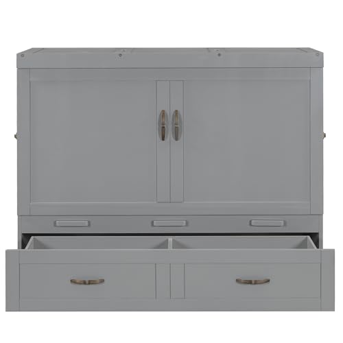 Harper & Bright Designs Full Size Murphy Bed Cabinet Wall Bed, Solid Pine Murphy Bed Chest with USB Ports