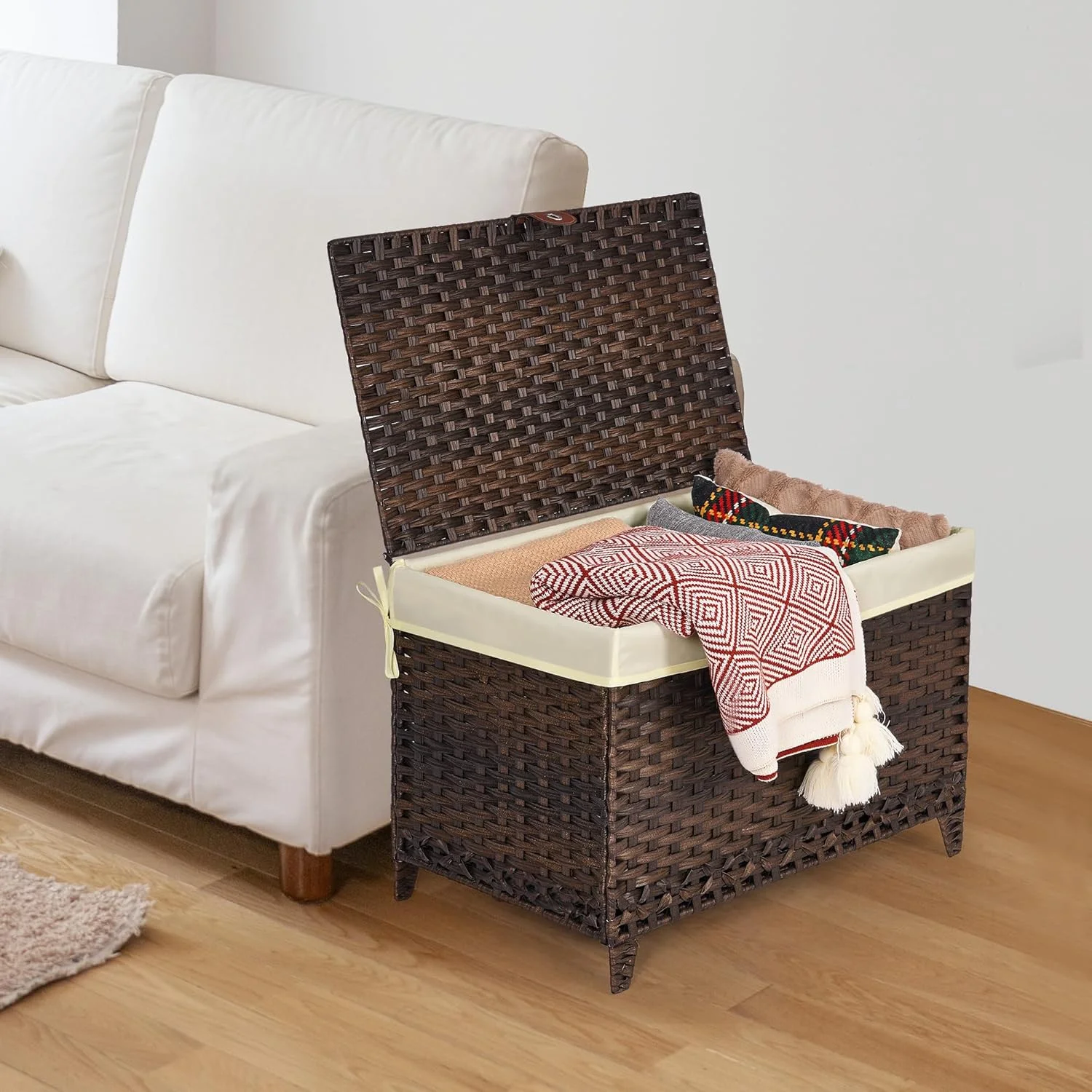 Wicker Storage Basket with Lid,Rattan Shelf Basket with Removable Liner Bag,160L Storage Bin,Storage Trunk with Heightened Feet