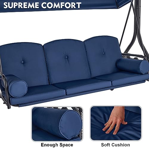 HOMREST 3 Seat Outdoor Porch Swing with Adjustable Canopy, Convertible Patio Swing Bed with Stand, Patio Glider Swing with Upgraded Cup Holder