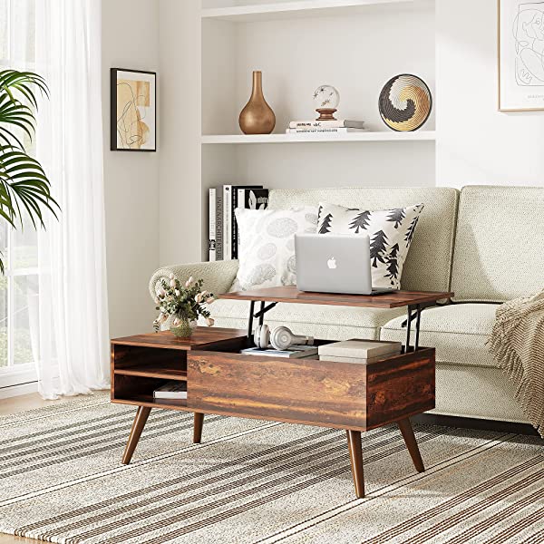 WLIVE Wood Lift Top Coffee Table with Hidden Compartment and Adjustable Storage Shelf, Lift Tabletop Dining Table for Home Living Room, Office