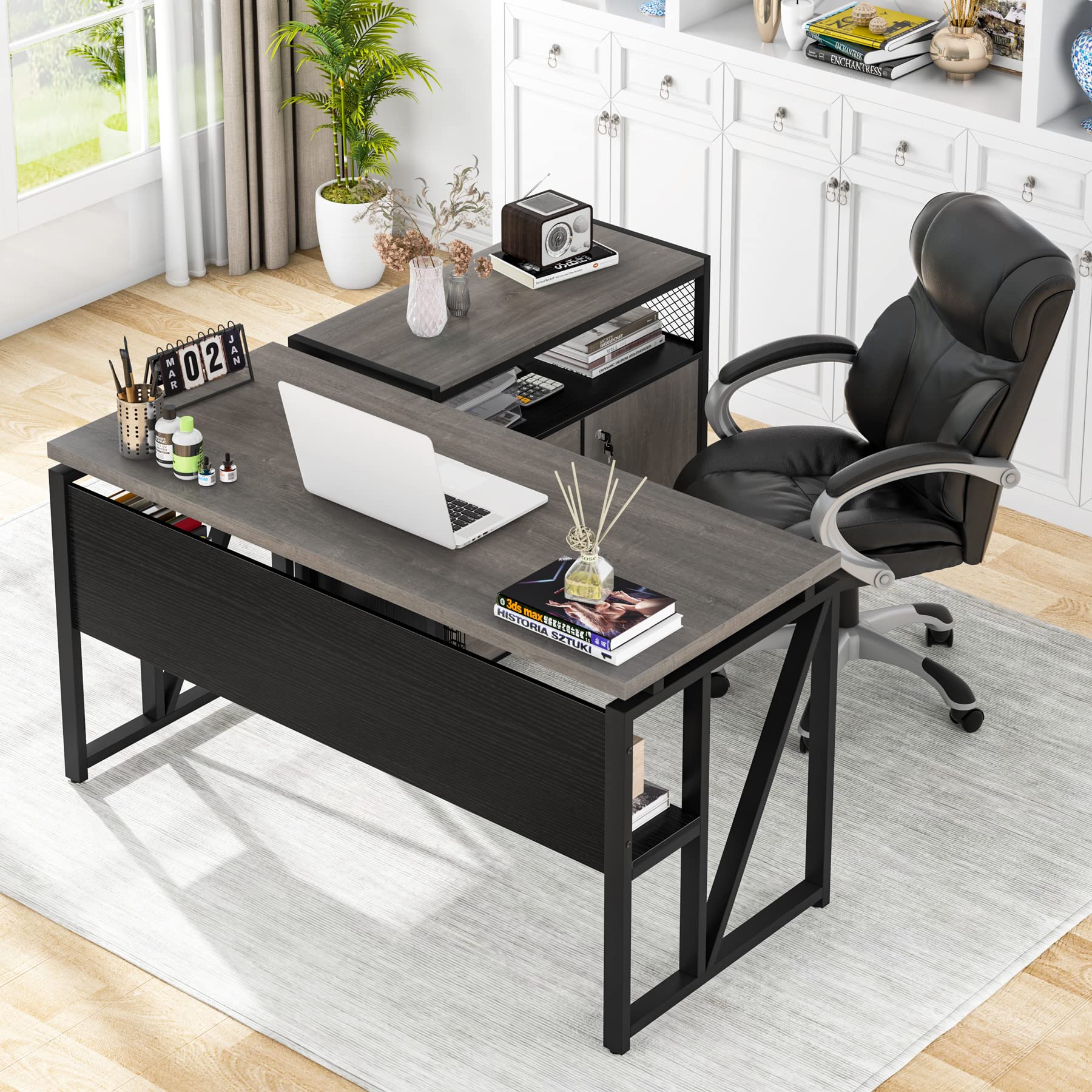 【Furniture】L Shaped Desk with Drawer Cabinet, 55" Executive Computer Desk and lateral File Cabinet