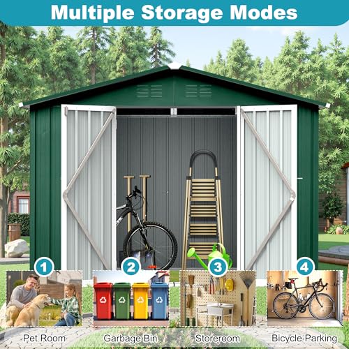 8x6 FT Outdoor Storage Shed, Metal Tool Shed with Lockable Doors, Peaked Roof & Frame Floor
