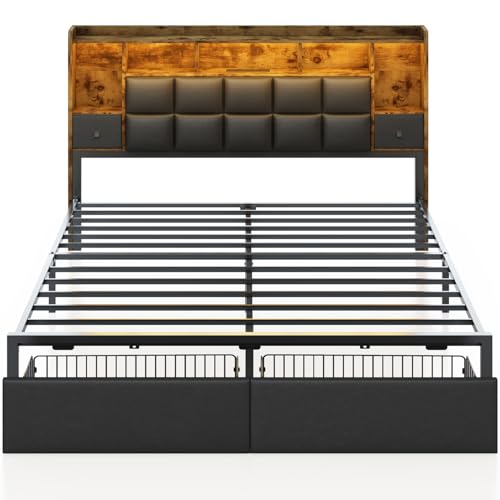 LED Bed Frame Full Size with Bookshelf Headboard, 2 Hidden Storage Drawers, Upholstered Platform Metal Bed Frame with Charging Station