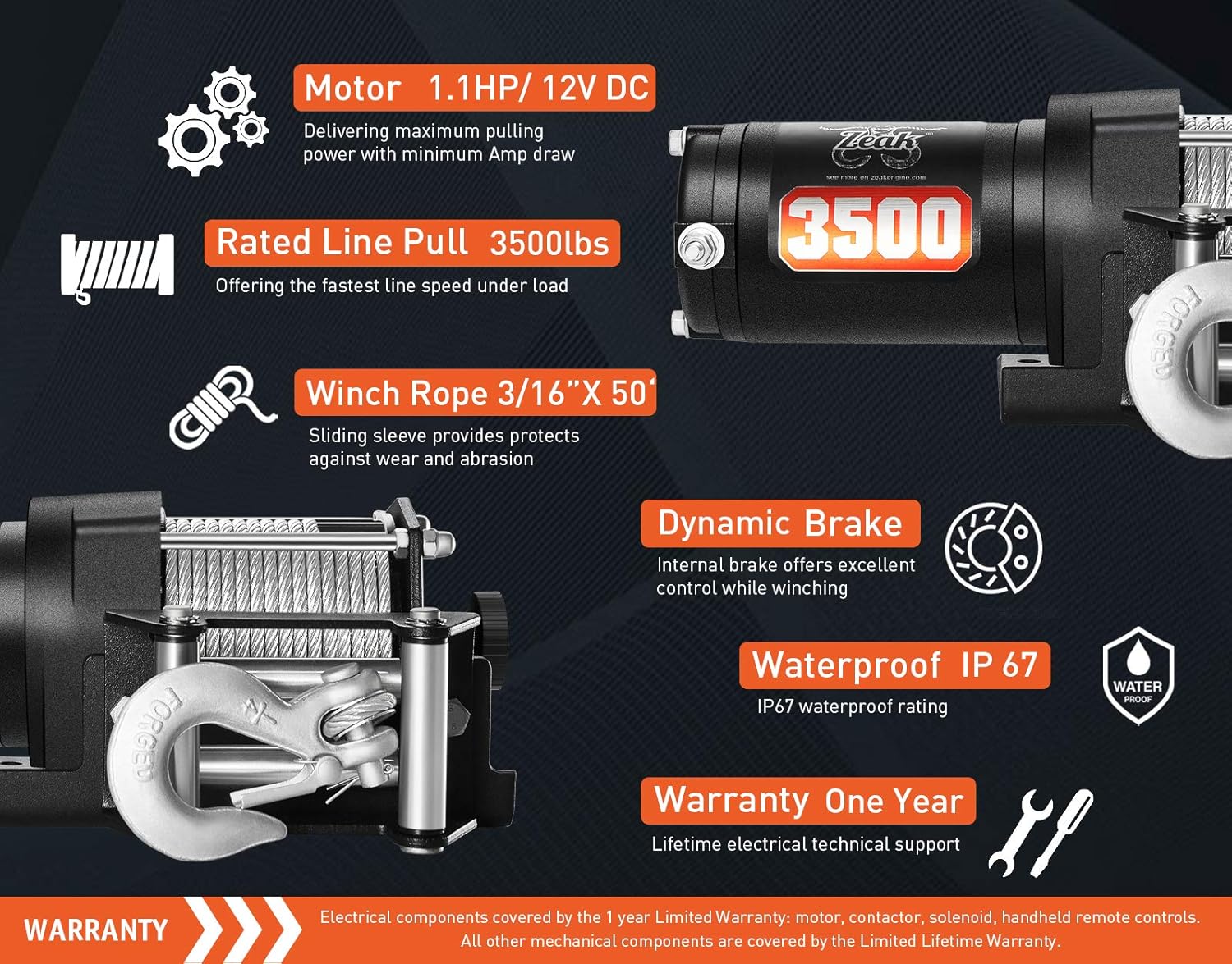 ZEAK 12V DC 3500 lb. ATV/UTV Electric Winch Kit, Steel Cable with Wireless Remote, Mini-Rocker, Bracket