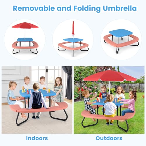 KOTEK 8-Person Kids Picnic Table, Toddler Activity Table with Removable Umbrella, 4 Built-in Benches, HDPE Top & Metal Frame