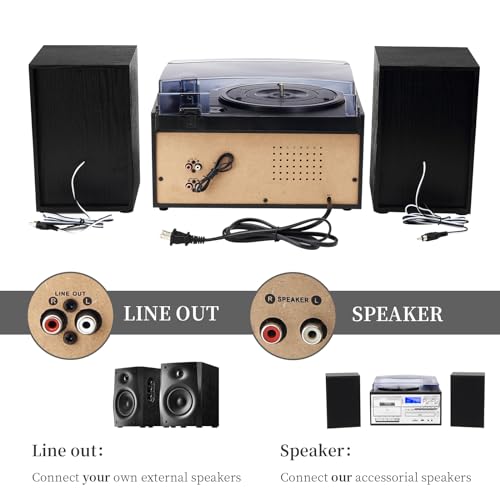 10 in 1 Record Player with External Speakers, 3 SpeedTurntable with AM/FM Radio, CD & Cassette Player, Bluetooth, USB/SD Playback, Remote Control