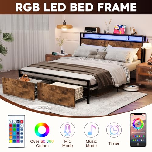 Full Size Bed Frame with Headboard, LED Platform Bed with 4 Storage Drawers, Built in Charging Station, Noise-Free, Metal Support Base