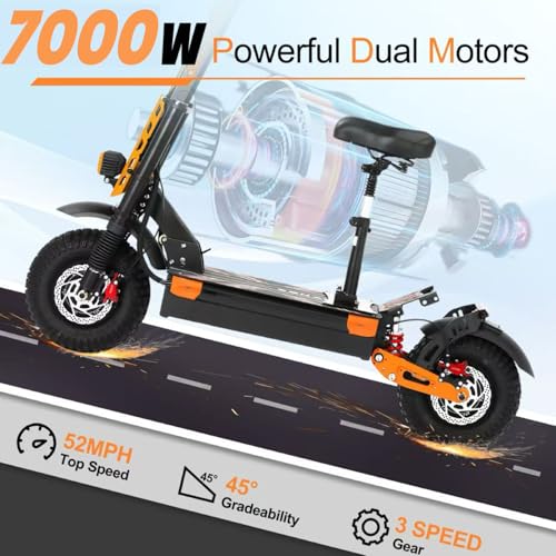 Electric Scooter for Adults 7000W Power Dual Motors Top Speed 55MPH 60V 33Ah Battery 65+ Miles Range 13" All-Terrain Tires Adjustable Handlebar